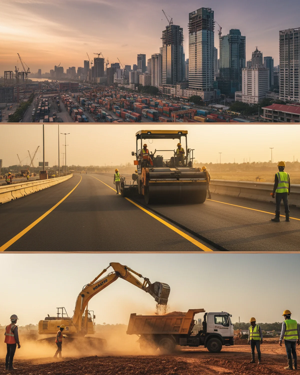 Three AMSK Constructions disciplines: Colombo Port City infrastructure above, paved national highway in the middle, earth-moving equipment at a construction site below